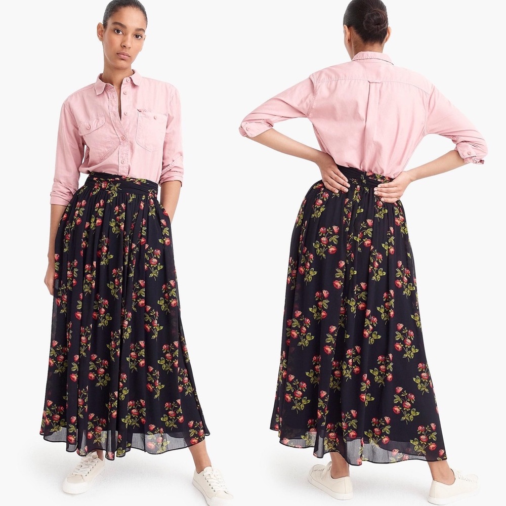 J. Crew Point Sur Olive Green Floral Maxi Skirt in Crinkle Chiffon